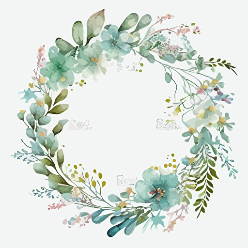 top view watercolor rustic flower circle wreath vector, white background
