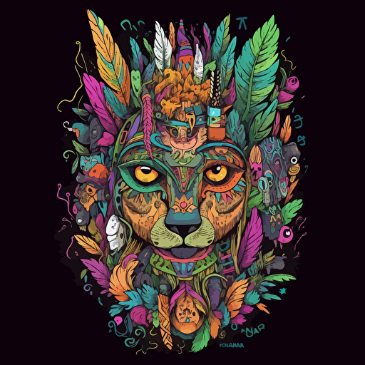 Marijuana animal mask totem roots flower tribal feather gemstone plant wood rock shaman vodoo video game vector cutout illustration vivid multicolor borderlands comics by josan gonzales and dan mumford radiating a glowing aura, v9