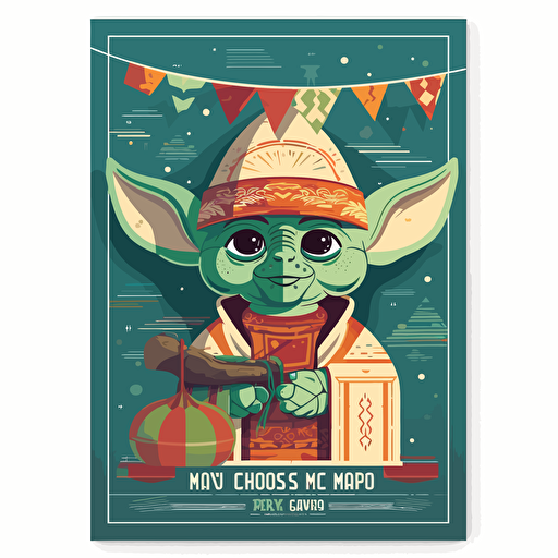 A poster for an event celebrating Cinco De Mayo featuring yoda dressed in traditional mexican attire, papel picado, tacos, churros, colorful and bright, spring colors, high-resolution, 18 inches x 24 inches, vector illustration