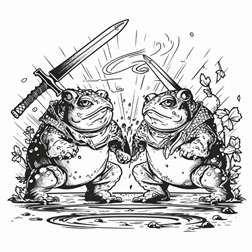 vector illustration poster of two fat toads sword fighting in neo expressionism art style, black and white only