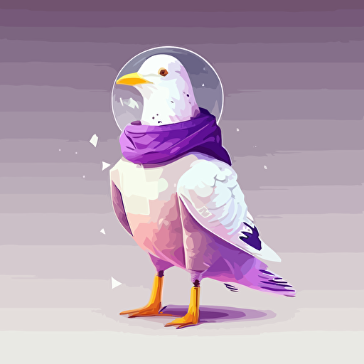 seagull dressed in a purple scarf with a transparent astronaut helmet flat vector 2d illustration
