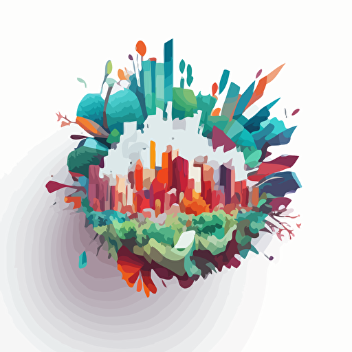 a 360°C geometric shape that explodes with an imaginary city inside. Nature is represented. Vector and childish style. Very colored. white background without shadow.