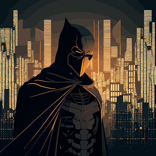 Drawing from the superhero genre, design a vector illustration of Satoshi Nakamoto as a masked hero, using his knowledge of cryptocurrencies to fight against corruption and financial inequality. Set the scene in a futuristic city skyline.
