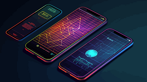 an ultra simple, straight to camera, modern vector illustration of a colorful wireframe of a single mobile app, over a bright and celebratory background