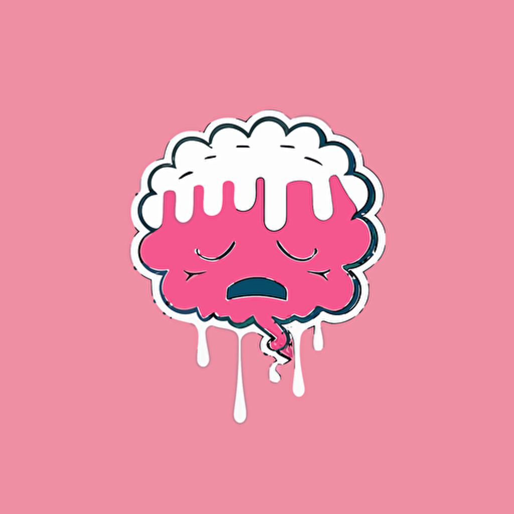 minimalist logo. a pink Cerebrum with the wrinkles. the cerebrum should be in 2d vector. cute. mouth dribbling rainbow out of the mouth downwards. in the style of adventure time. cute white eyes at the front of the brain. very colourful. inspired by gorillaz