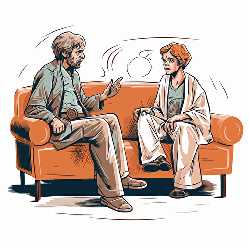 luke skywalker on a couch with light saber, luke skywalker being questioned by a psychiatrist vector drawing white background