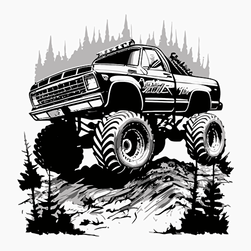 simple Ford f150 Bigfoot monster truck driving over crushed cars black and white vector clipart