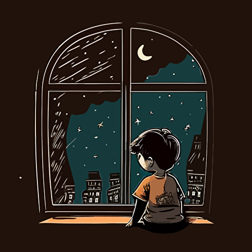 draw a 2D vector scene, cartoon, cute, happy about a boy on his back looking out the window at night, a simple drawing, in color but bordered with a black line, flat drawing and without details.