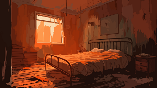 illustration, vector, old orange decrepit bedroom with old floorboards, 2d animation background