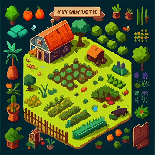 Vector Art Top Down Relaxing Farming Game Tileset Farm with Farmhouse, Vegetable Plants, Carrots, Lettuce, Tomatoes, Lush Trees and farm pets