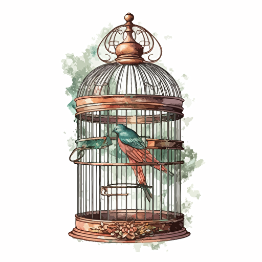 retro copper birdcage, detailed, cartoon style, 2d watercolor clipart vector, creative and imaginative, hd, white background