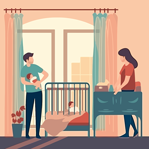 parents leaning over a crib to look at a baby. In a baby room. Vector illustration.