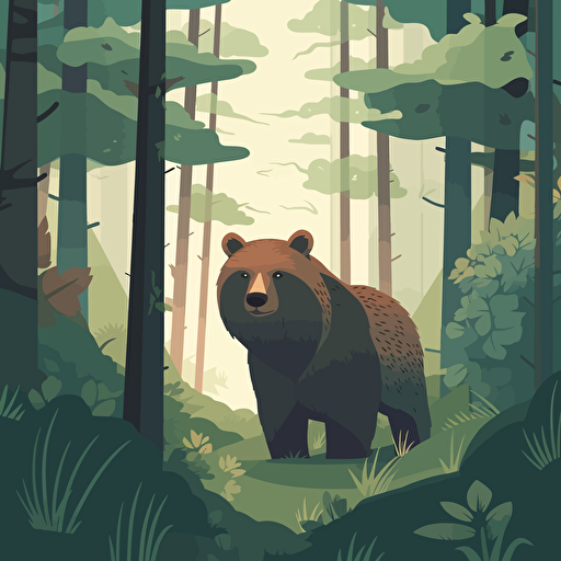 a flat illustration of a bear in a forest by killian eng, adobe illustrator, vector, poster