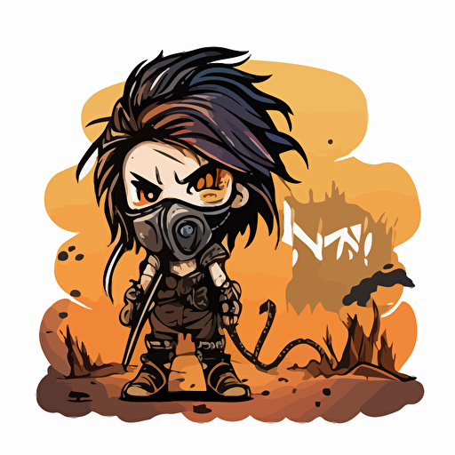 cute post apocalyptic girl, mad max, wasteland background, vector art, sticker