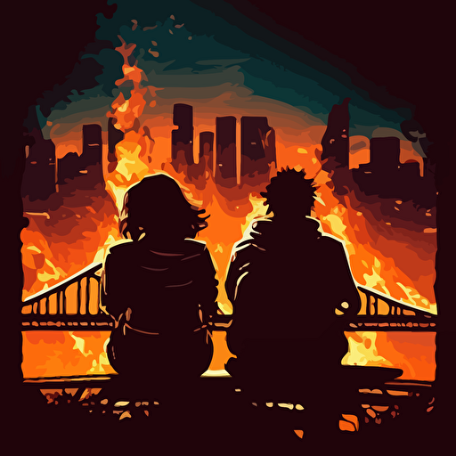 two people silhouetted with their backs to the viewer sitting on a burning bridge overlooking a city, dystopian, animated vector style