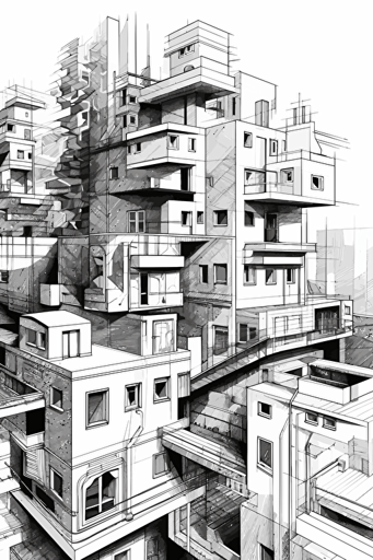 black and white architectural drawing, vector, white background