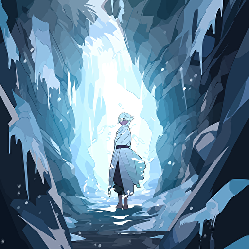 Vector illustration of Sokka, zoomed out in an ice cave, Aesthetics clean and minimalist, abstact water background, with dramatic lighting