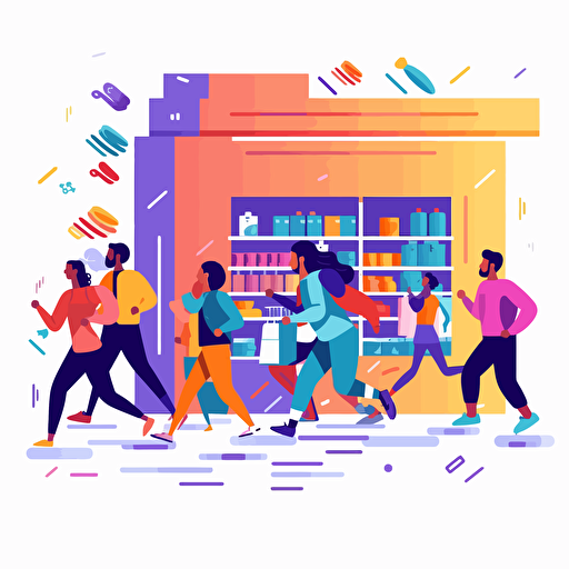 Vector illustration of customers running to shopping in a hardware store. The style is colourful, fluid and contempory, Modern flat vector concept illustrations.