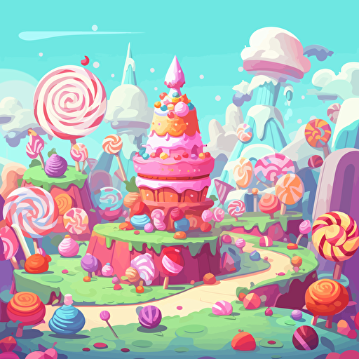 Design me a colorful cartoon vector garden made of candies and cakes for mobile games, 2d vector, illustration