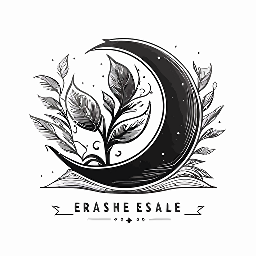 A logo for a bookstore with crescent moon and leaf, extreme simplify design line sketch, symbol , vector style, on a plain white background