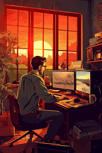 vector art style of a film editor working in his studio. Make this modern and eligant.