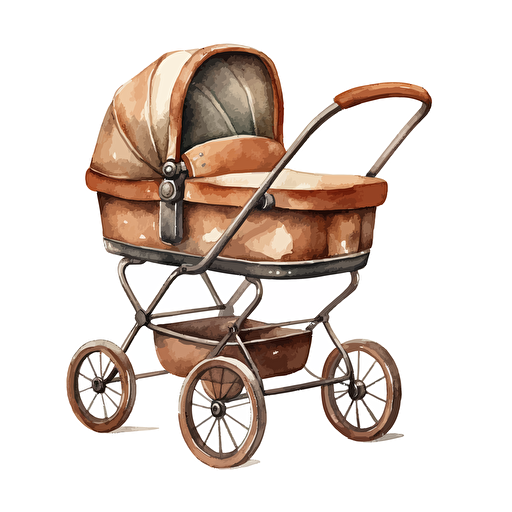 watercolor design of cute wooden brown baby pram, gender neutral, vector