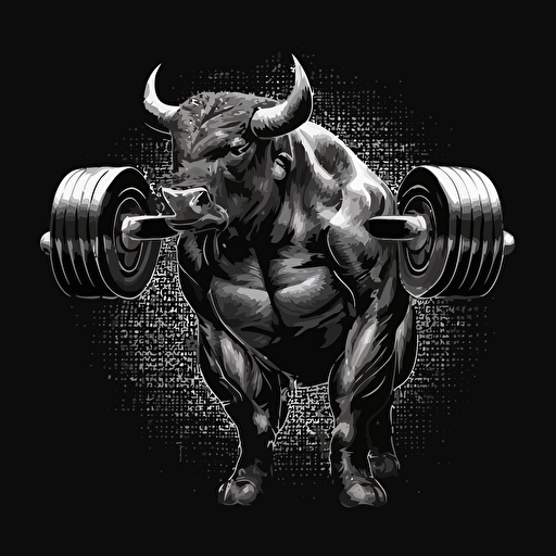 bull holding powerlifter weights in his mouth, vector style, black and white, black background