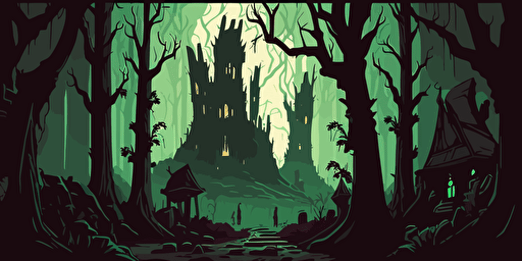 Background, environment, battleground, fantasy, green, forest, monster, large platform in center, wild environment, dark fantasy, green and black color scheme, vector, flat design