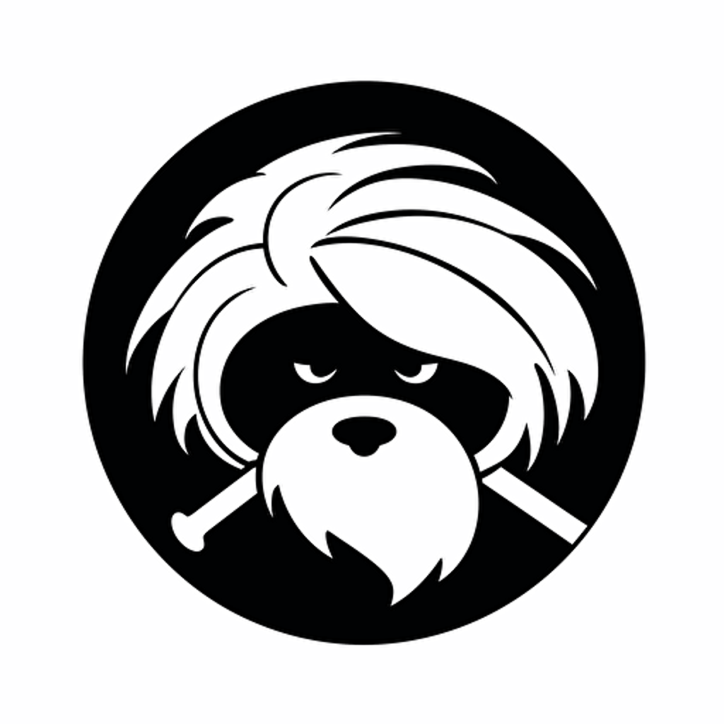 a minimal, circular, black and white vector logo of a Coton de Tulear who is a ninja