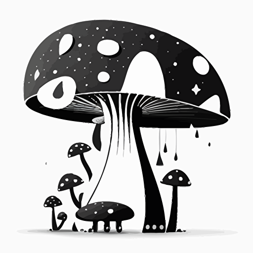 whimsical mushroom in style of Tom Whalen, black and white, flat, vector, line drawling, white background ar 1:1
