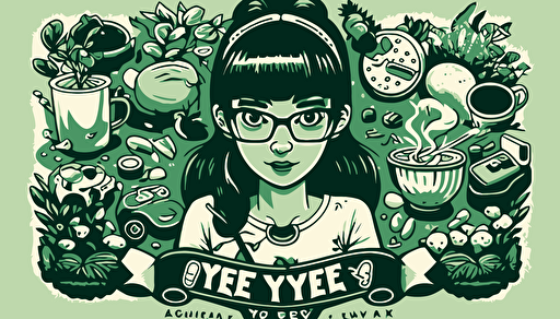 logo, retro illustration style, cozy games in sage green tones, with a video game theme, that is a gamer girl with black hair and bangs and glasses who likes plants and mushrooms and plays video games in pc gamer you can add a keyboard and mouse and the girl's name is yeyekat logo vector, in the style of alex gross, emphasizes emotion over realism, jim mahfood, fish-eye lens, vaporwave, pierre-mony chan, dreamy realism , cartoon ,