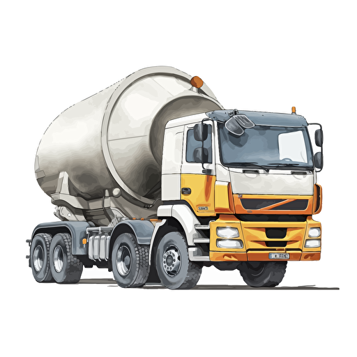 concrete mixer truck, high detailed, 2D vector style, cartoon, white background, side view
