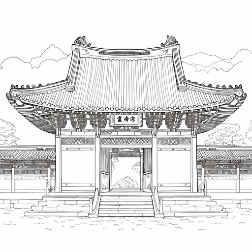 vector, line drawing, simple design, less detailed, Korean traditional gate, front view,