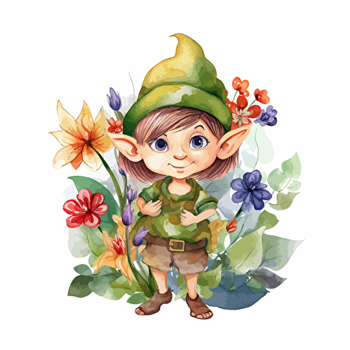 cute elf, flowers, detailed, cartoon style, 2d watercolor clipart vector, creative and imaginative, hd, white background