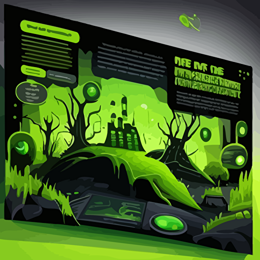 Create a webpage homepage for a web3 company, creative image, 2d vector, cartoon, black & neon green, landscape