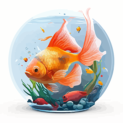 vector sticker, A very cute goldfish in tank, happy, 2d, octane render, ray tracing, clay material, Pixar trend, animation lighting, depth of field, ultra detailed, isolated