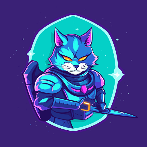 logo design, flat 2d vector logo of a futuristic anthromoporphic space traveling battle warrior cat wearing sci-fi suit with weapon, minimalist, purple and blue colors