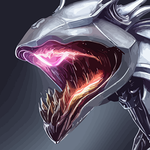 close mawshot cute elegant beautiful stunning anthropomorphic female robot dragon sleek silver metal armor glowing oled visor facing camera open maw highly detailed soft gullet end food pov micro pov vore pov digital art pov furry art anthro art furry warframe art high quality 3d realistic dragon mawshot maw art macro art micro art dragon art furaffinity deviantart eka portal g6