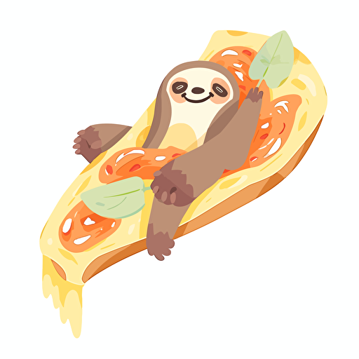 A sloth surfing on a slice of pizza, vector art, illustration, disney style, blank white background