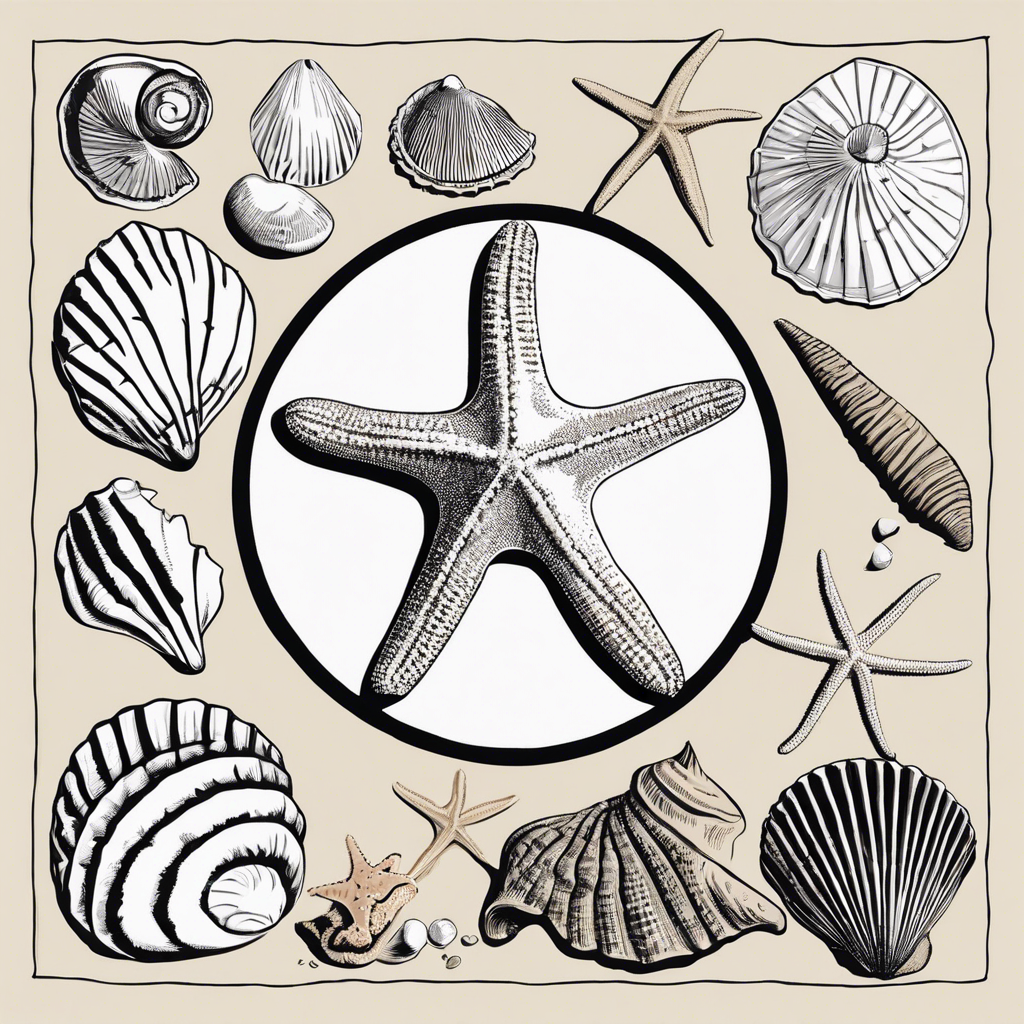 Collection of seashells and a starfish around a framed photo of the beach, illustration in the style of Matt Blease, illustration, flat, simple, vector