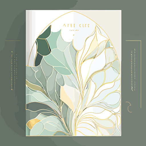 wedding booklet design. asymmetry. Stained glass petal art front page. Muted colors. Light green, gold, white. Minimalistic. Flat vector illustration.