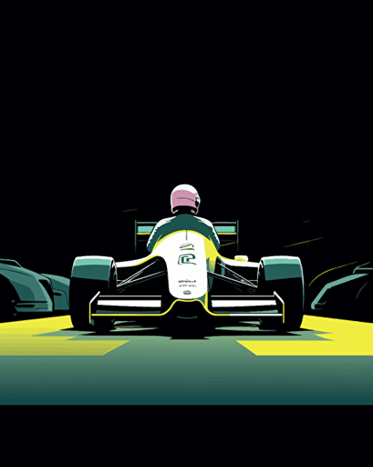 vector illustration a formula one race car in front of a man with one eye out, in the style of dark gray and green, andrzej sykut, light yellow and light pink, focus stacking, group f/64, joyful and optimistic, tagging-like marks
