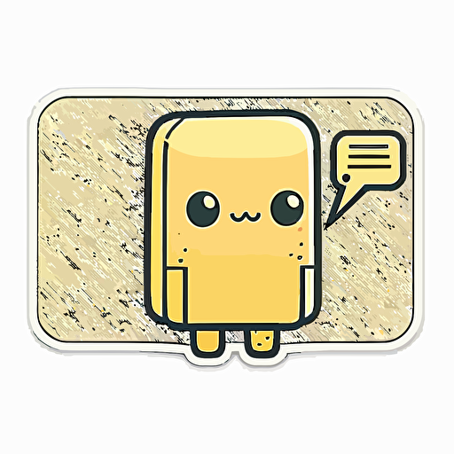 vector sticker design, long rectangle border, simple kawaii cute design, a small cute robot head in lower right hand corner of sticker, pastel yellow toning