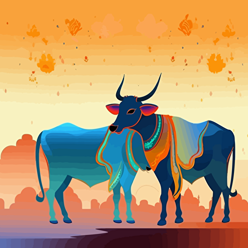indian cows, they are decorated colorful, vivid, background light sky-blue and dark orange,vector illustration, detailed 2160p, minimalist