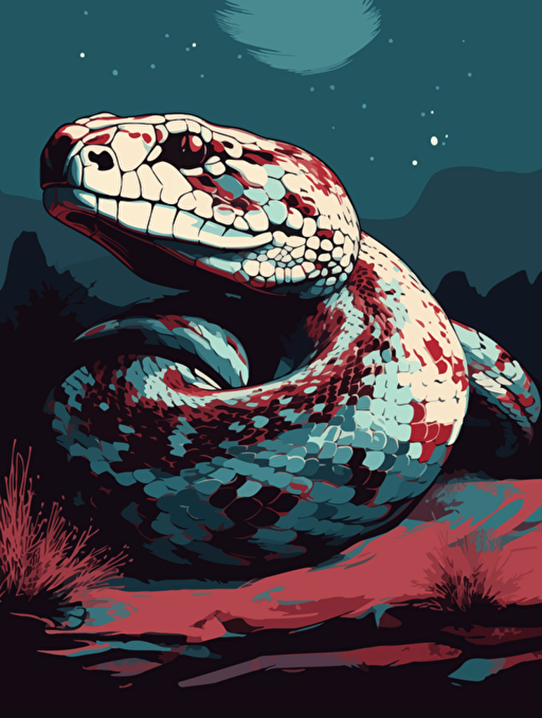 vector art of a diamondback rattlesnake, red, white and turquoise lighting, 300 dpi,