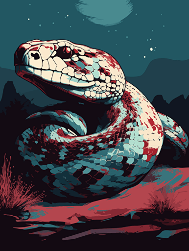 vector art of a diamondback rattlesnake, red, white and turquoise lighting, 300 dpi,