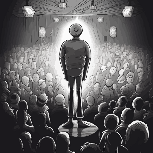 Stand up comedy show. Point of view from the presenter behind microphone. Audience are humanoid animals. Black and white, dark, moody, vector, unreal engine, ultra detailed