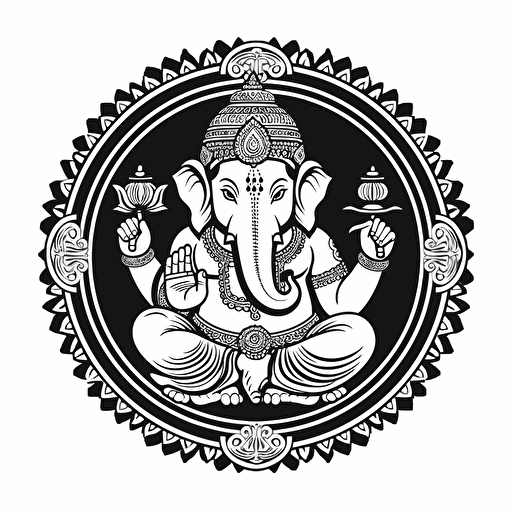 a black and white clipart of ganesh, inscribed ina circle, vector, on white background
