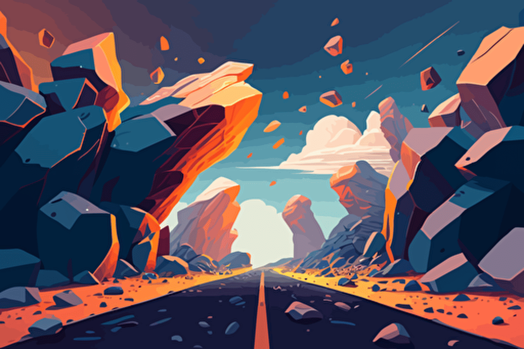road through vast space full of rocks and blocks, vector art, inspired by nevercrew, beautiful art uhd 4 k, trending on artstration, best of behance, looking friendly, positive empathic style empathic, energetic atmosphere