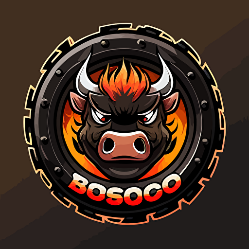 Logo for Bosco company, Circular tyre burning rubber, warthog, side shot, cartoon eyes, friendly but focused, wry smile, vector logo, vector art, emblem, simple, cartoon, 2d
